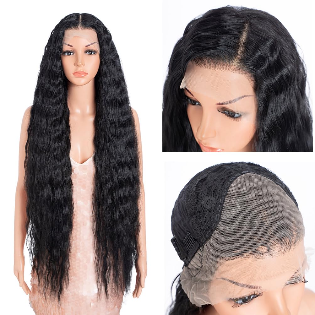 Style Icon 41" Super Long Wavy Wig 13x4 Free Part Bohemian Lace Front Black Color Wig- Heat Friendly Synthetic Hair Wigs with Pre Plucked Hairline