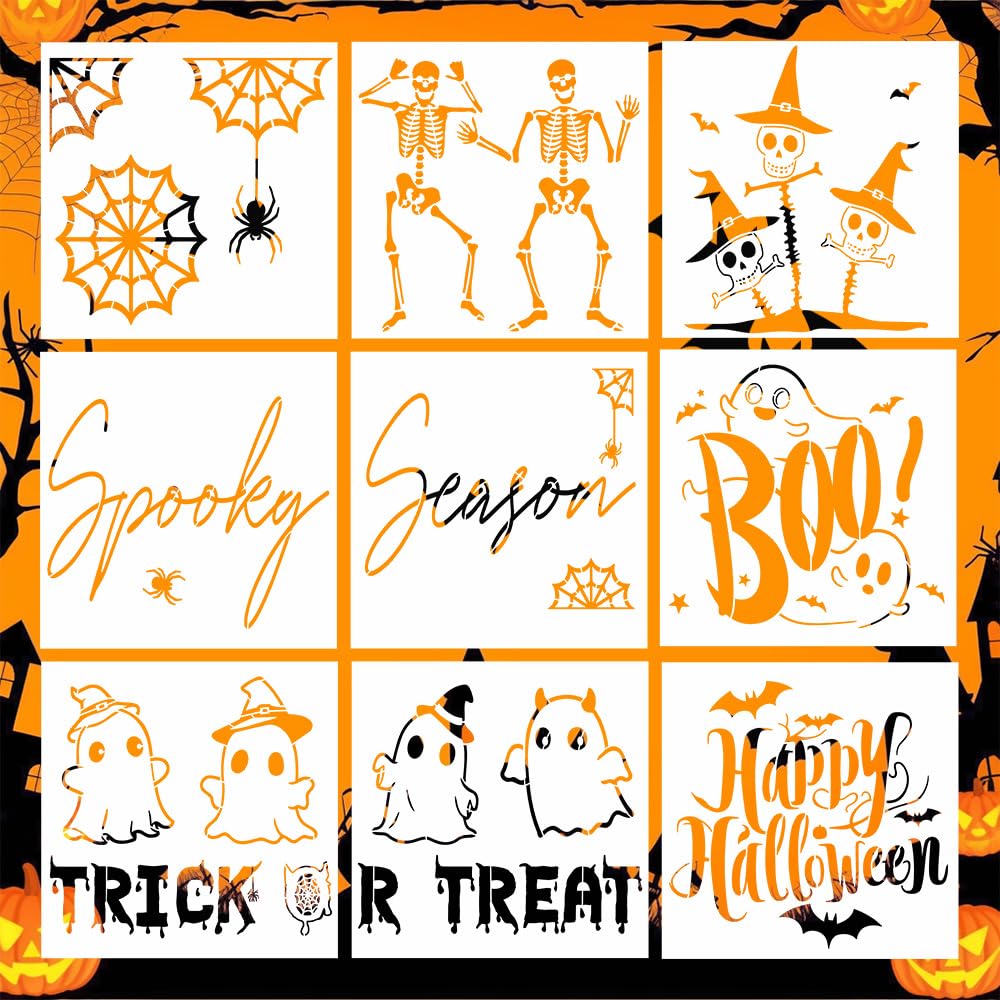 BAISDY 9 Pieces Halloween Stencils for Door Mats, Reusable Large Welcome Ghost Skeleton Spooky Trick or Treat Stencils for DIY Crafts