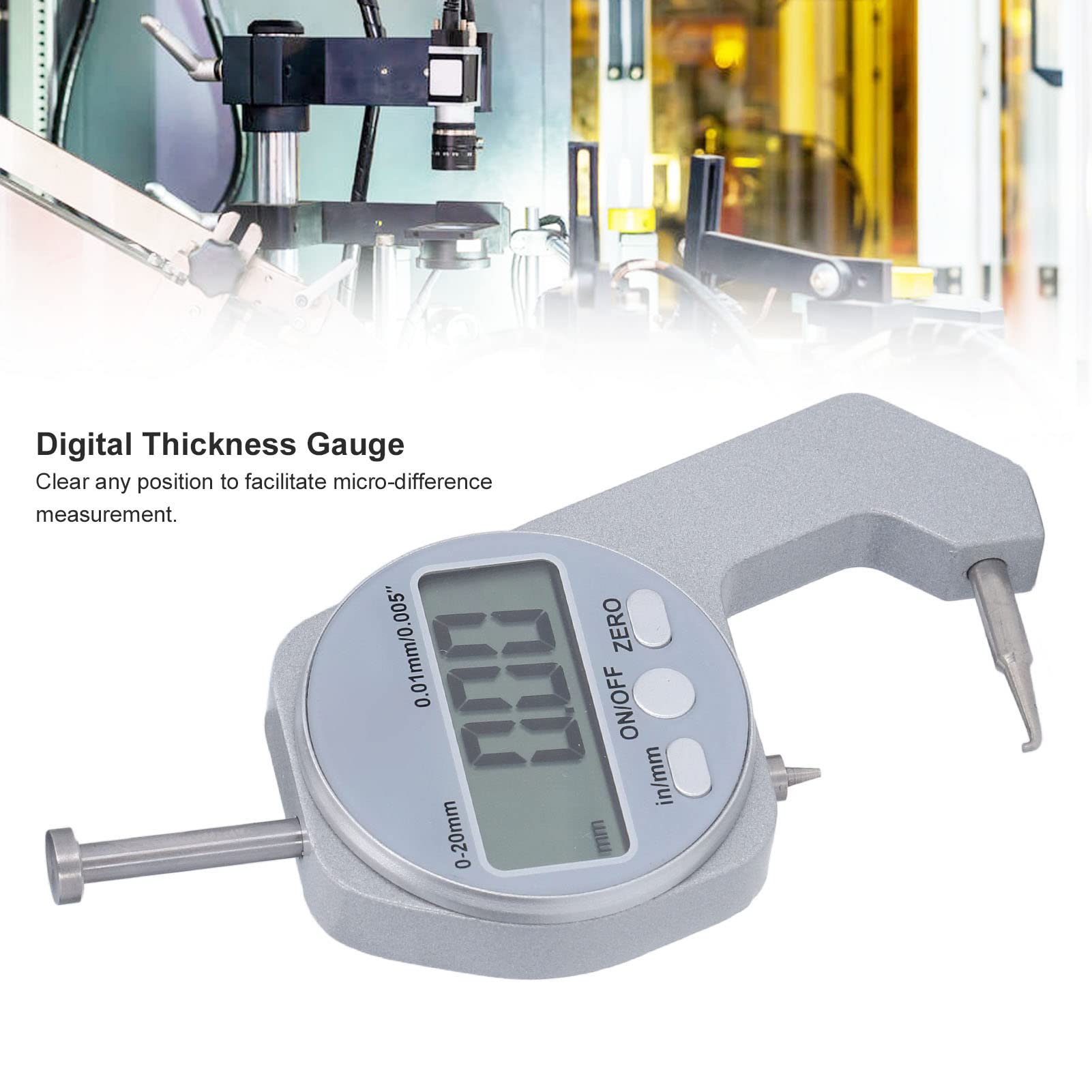 LiebeWH Dickenmesser 0-20 mm Bereich LCD-Digitalanzeige Kleine Mikrometerschraube mit Gebogener Spitze Elektronisches Mini-Messwerkzeug für Papierfolie Leder