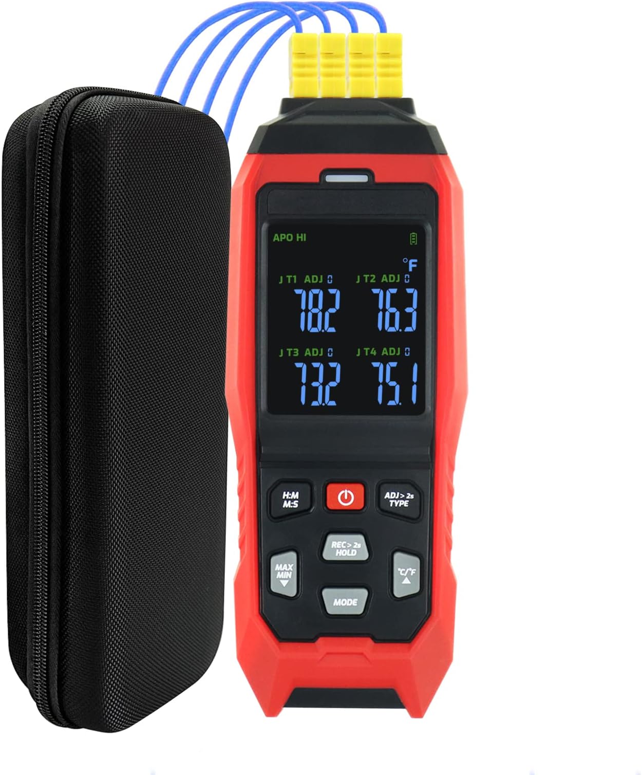 Thermocouple Thermometer Data Logger 4 Channels Digital K Type Thermometer with 5000 Groups Programmable Temperature Recording -200~1372℃ Measuring Range, Audible & Visible Alarm ADJ Compensation
