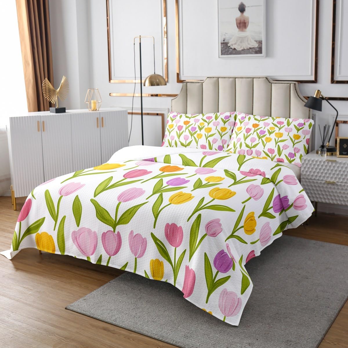 Erosebridal Tulips Flowers Coverlet Sets Pastel Plants Flowers Bedspread Sets Queen Size for Kids Boys Girls,Colorful Tulips Spring Botanical Quilt Set Green Leaves Floral Bed Set