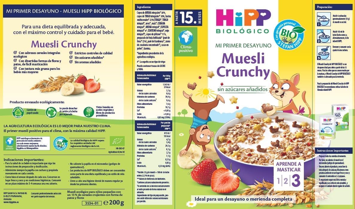 HiPP Biológico - Mi Primer Desayuno - Muesli Crunchy BIO - 200gr - A Base de Cereales Integrales - Sin Azúcares Añadidos - Indicado para bebés desde los 15 meses