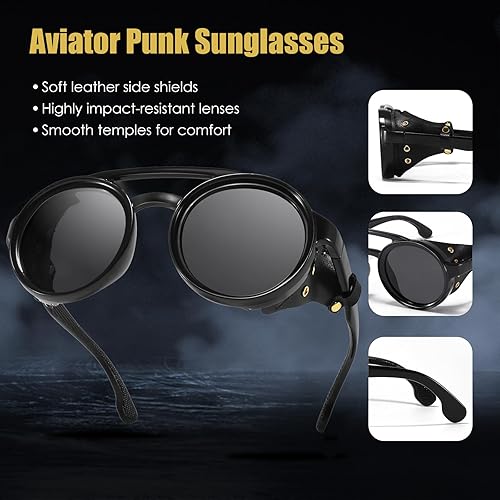Miniatura 7 de Gafas de sol polarizadas estilo steampunk estilo aviador retro con escudo lateral de cuero, gafas vintage góticas para hombres y mujeres
