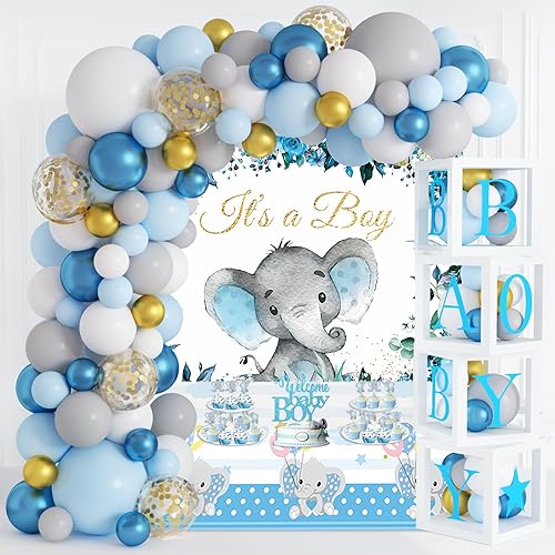 JOGAMS Decoraciones de elefante para baby shower para niño, 234 piezas con cajas de bebé, telón de fondo de letras, mantel para cupcakes, decoración