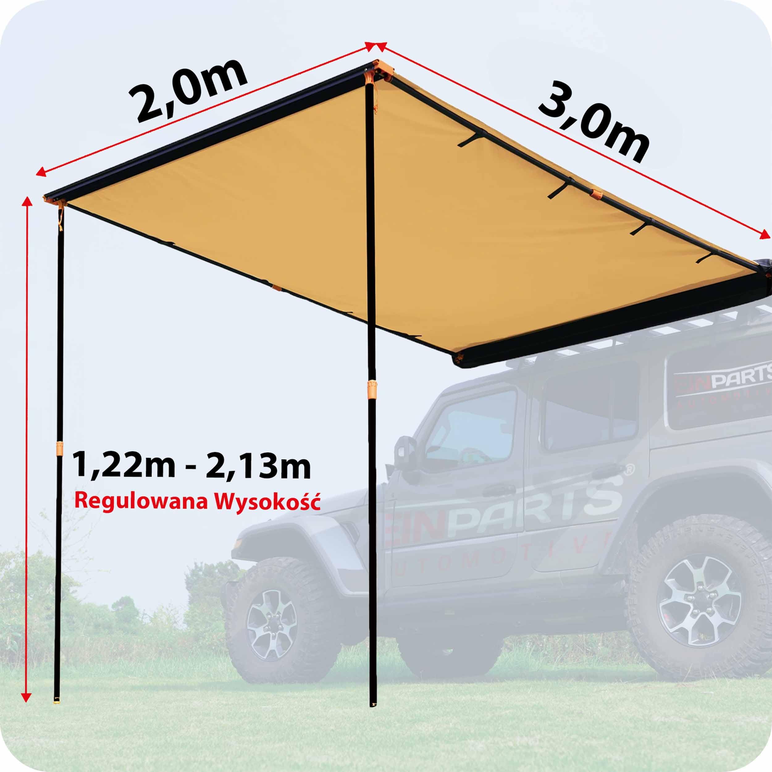 EinParts Markiza Dachowa EPTENT01, 200x300 cm, Wodoodporna, 6,1 m² Cienia, Regulowana Wysokość, na Kemping i Off-Road