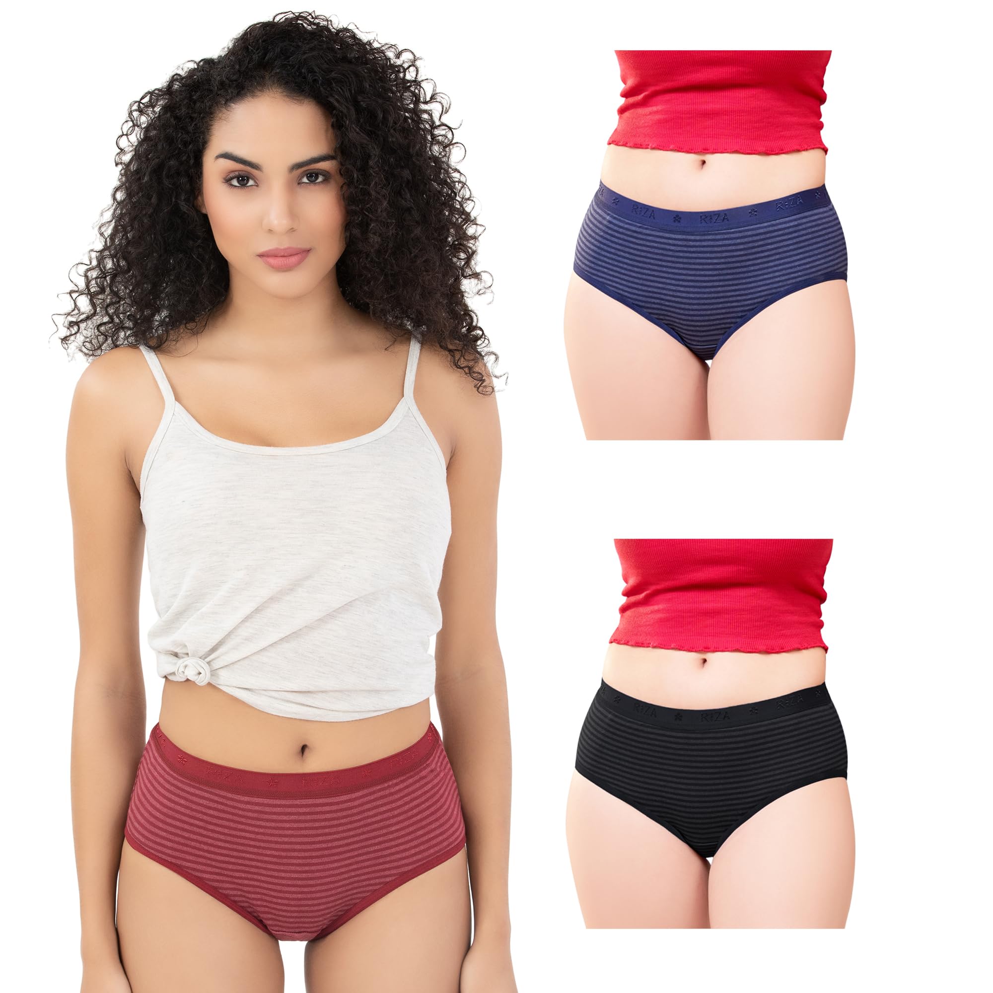 Riza Yiking Dark Women's Full Hip Coverage Cotton Thick Fabric Hipster High Waist Solid Strips, 1 Inch (2.5 cm) Elastic Panties Multicolors and Colors May Vary Pack of - 3