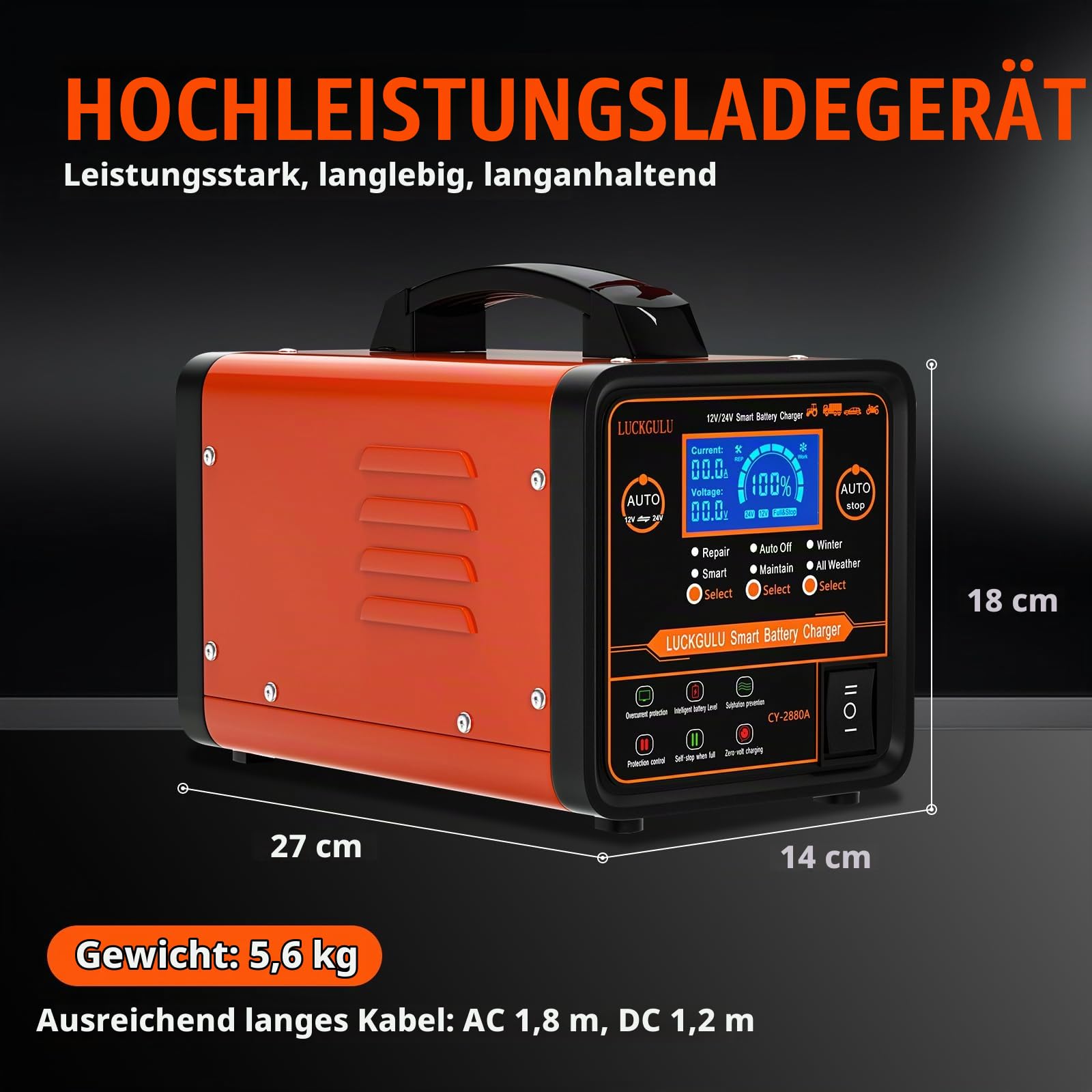 12V/24V Autobatterie Ladegerät 20A Schwerlast-Automatisches Lade- &Wartungsgerät mit Reparatur-Modus,Winterprogramm,Auto-Stopp Schnelllader für Auto,LKW,Motorrad,Wohnmobil,AGM,Deep-Cycle Batterien