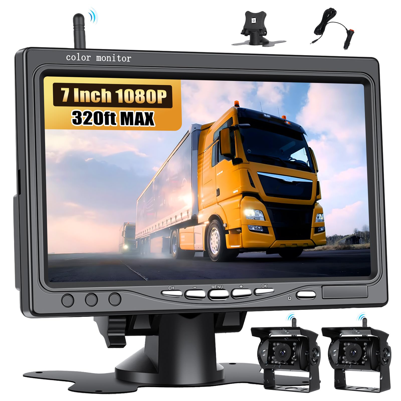 CAMECHO Rückfahrkamera Kabellos 2 Kameras IP68 Wasserdicht Nachtsicht Weitwinkel mit 7" HD Monitor für alle Modelle, 12V-36V Hochleistungschip Rückfahrkamera mit Umgekehrte Linie Toter-Winkel-Warnung