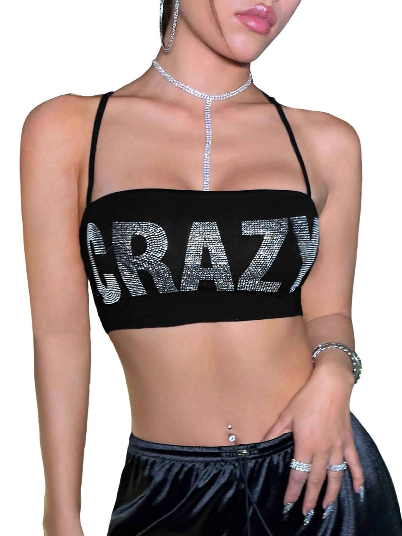 WDIRARA Women's Rhinestone Letter Sleeveless Halter Micro Crop Tops | Criss Cross Back,Spaghetti Strap, Rave Party，Gothic