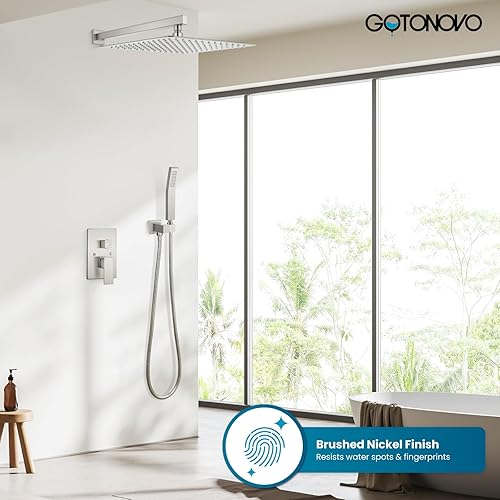Miniatura 139 de gotonovo - Sistema de ducha de lluvia de 10 pulgadas de níquel cepillado de lujo, cabezal de ducha de alta presión, juego de grifo de ducha de mano