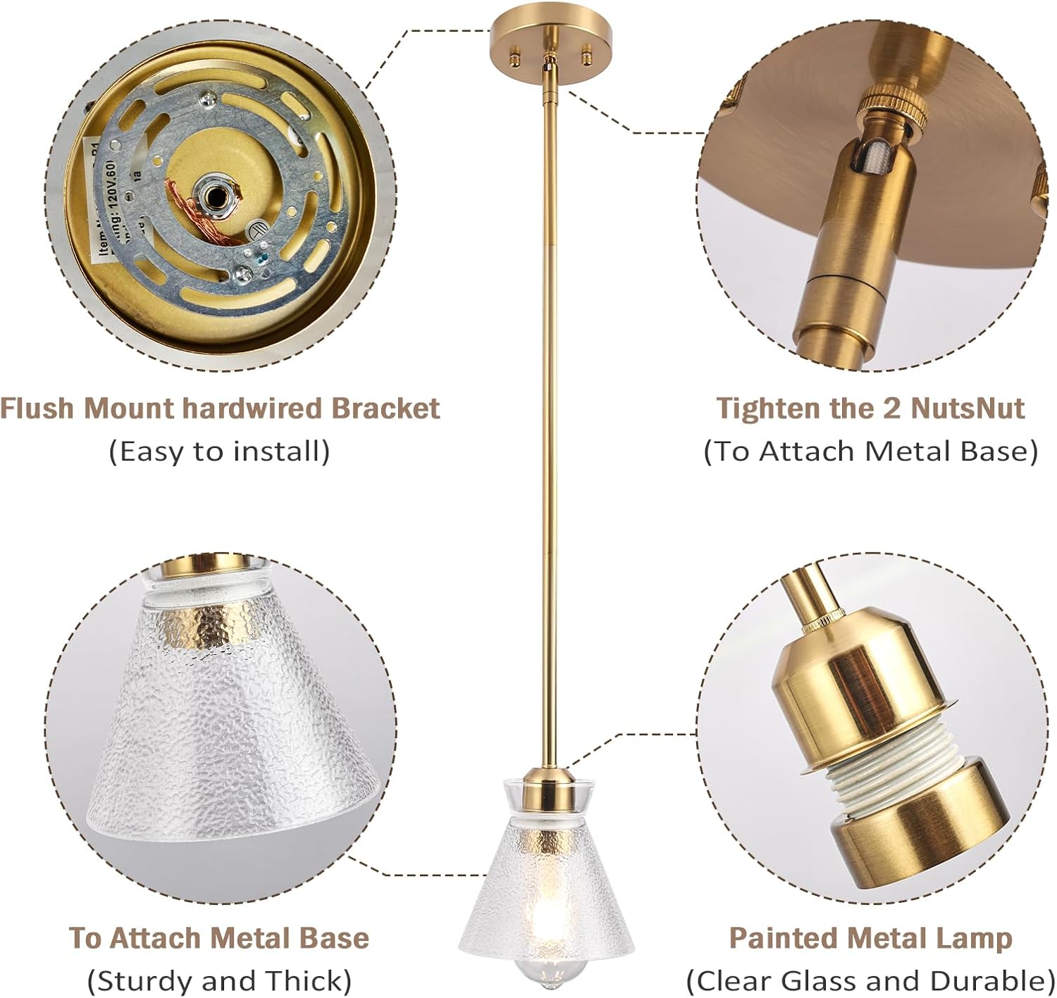 Finktonglan Gold Pendant Lights Kitchen Island, Modern Kitchen Island Lights Ceiling Lighting Fixtures with Glass Adjustable Dining Room Hanging Light, E26