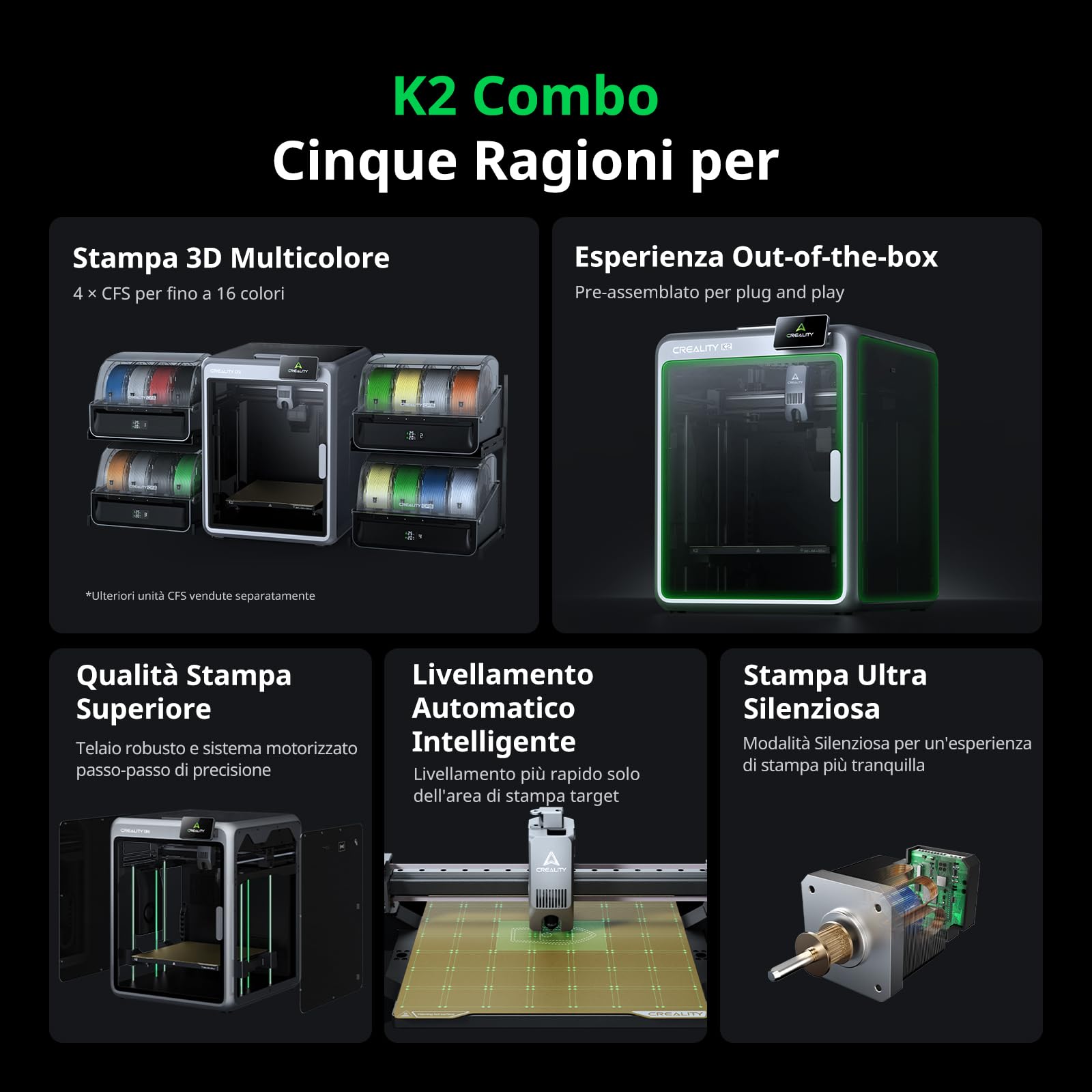 Creality K2 Combo (A), Stampante 3D Multicolore con CFS, Max 600 mm/s, Livellamento Automatico, Stampa Silenzios & Ventola Ausiliaria, Ugello 300 °C, Volume Stampa 260x260x260 mm