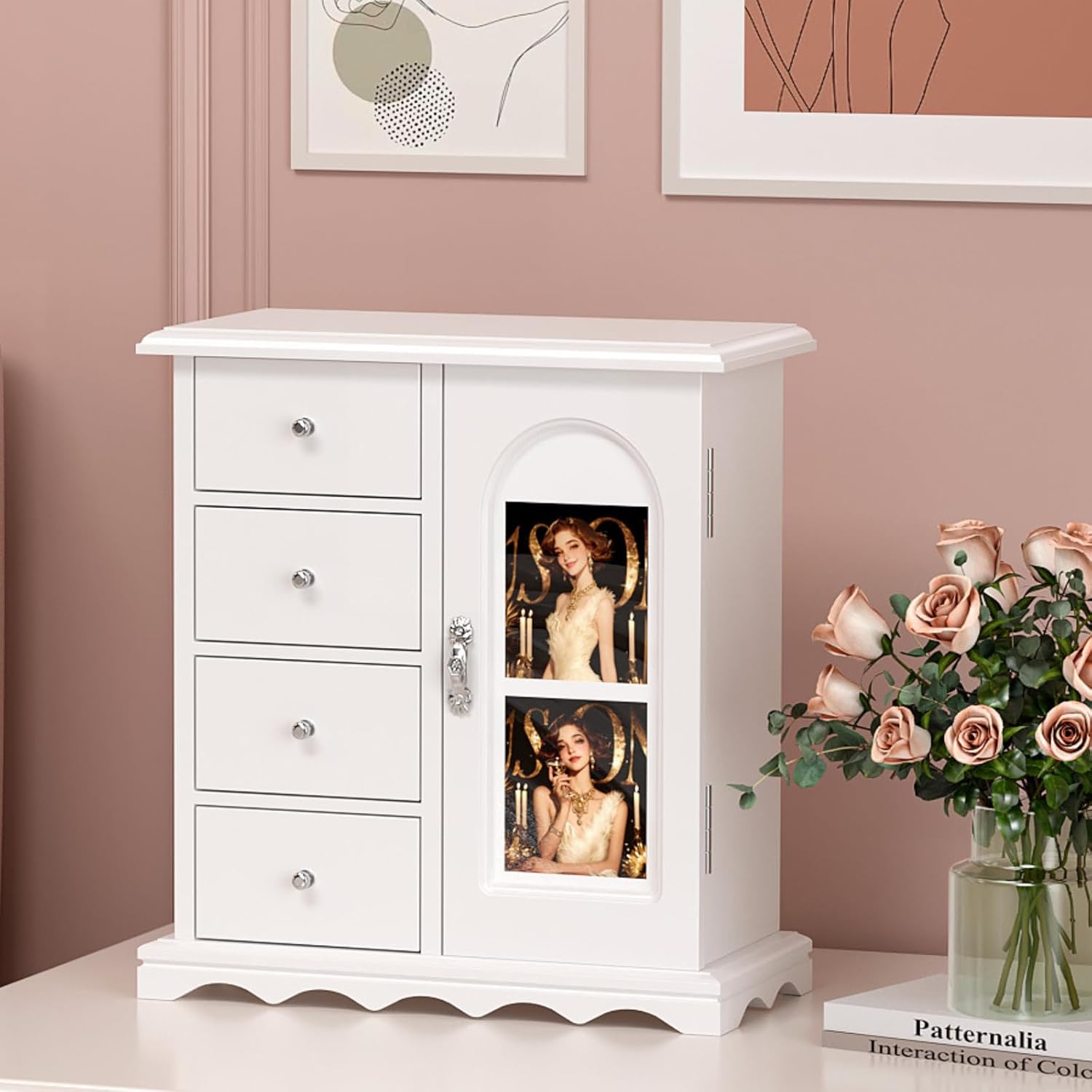 VINGLI Jewelry Box with Photo Frame, White Jewelry Organizer for Women, Arched Wooden Keepsake Case with 4 Drawers, Rotating Necklace Hooks & Velvet Lining, Vintage Gift for Girls Bedroom