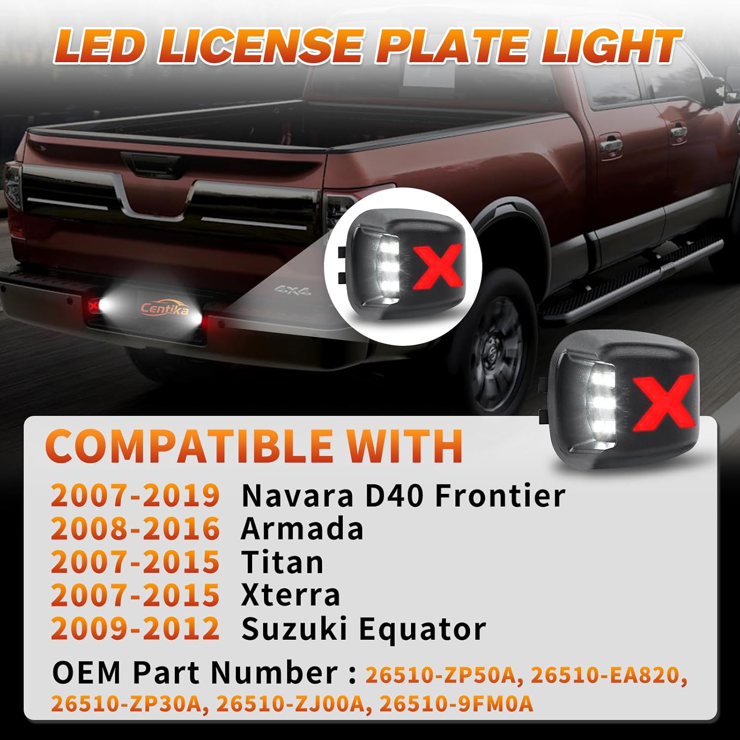 LED License Plate Lights Tag Light Lamp Assembly for Nissan Navara D40 Frontier, Armada Titan Xterra Suzuki Equator, 6000K Red-X White & Smoked Lens, Pack of 2 (Xstyle Patent Pending)