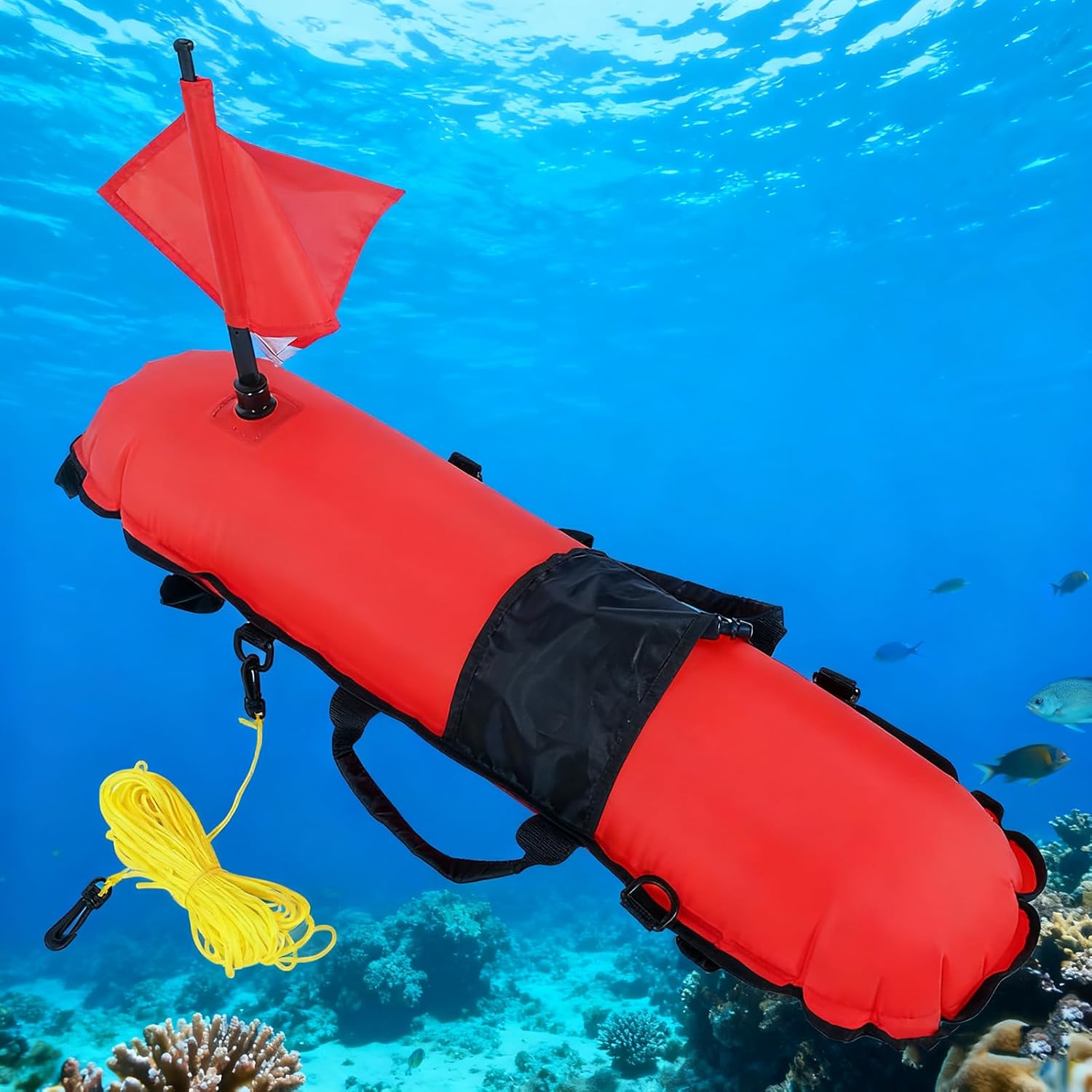 Inflation Torpedo Buoy, Scuba Diving Inflation Torpedo Buoy, Signal Float Ball & Flag Eye Catching, Easy Find 22.72m Orange Rope Nylon TPU Colorful, for Spearfishing Freediving Snorkeling