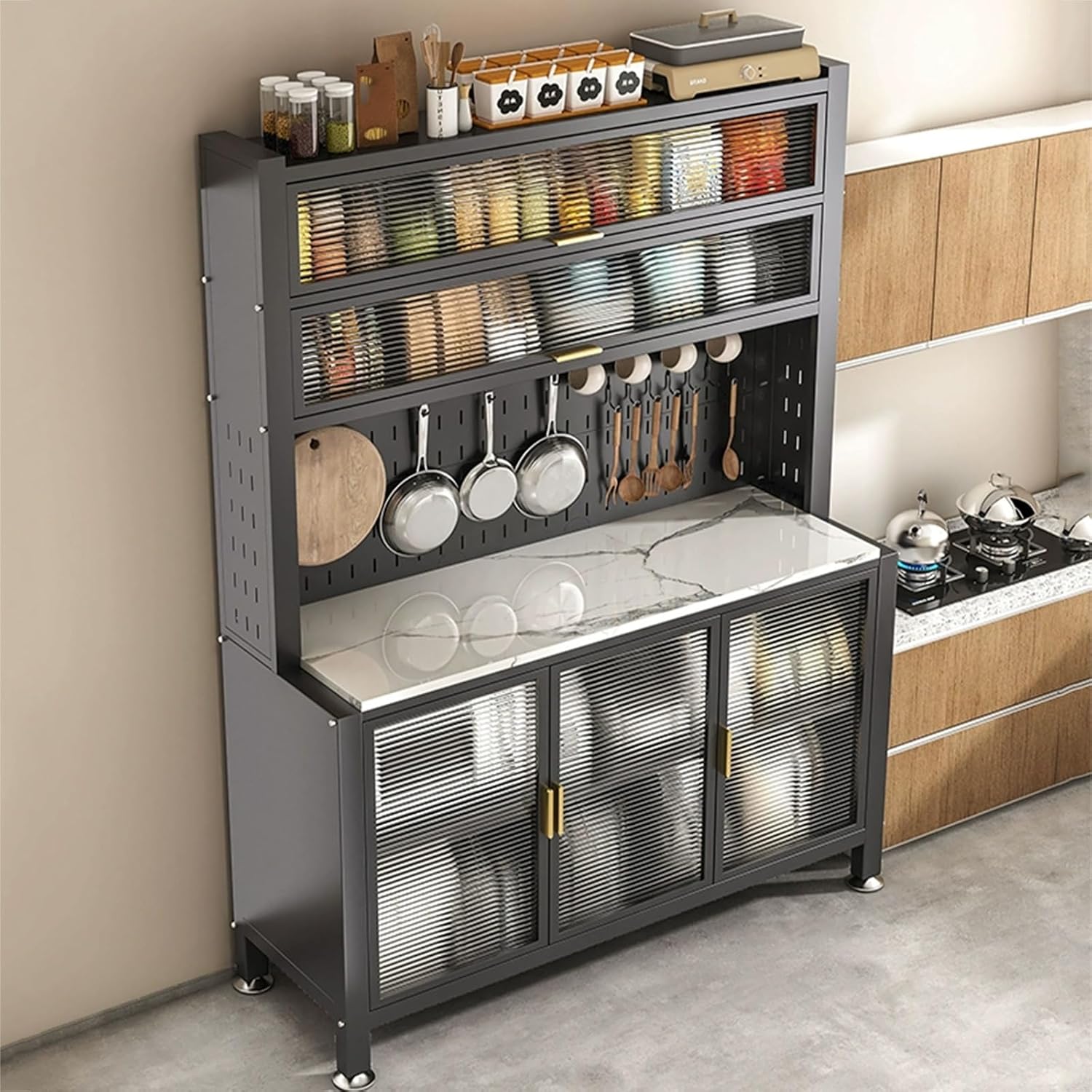 Freestanding Multi-Layer Kitchen Floor Cupboard，Microwave Storage Stand,Kitchen Bakers Rack with Door, Industrial Microwave Oven Stand, Kitchen Utility Storage Shelf, Thickened Carbon Steel