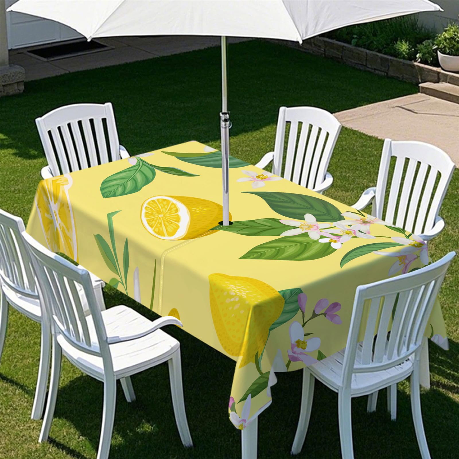 Odot Tablecloths Rectangular Wipe Clean with Umbrella Parasol Hole and Zipper, Table Cover Waterproof Garden Outdoor Table Cloth for Garden, BBQ, Party, 3D Orange Lemon (Flowers,213x152cm)