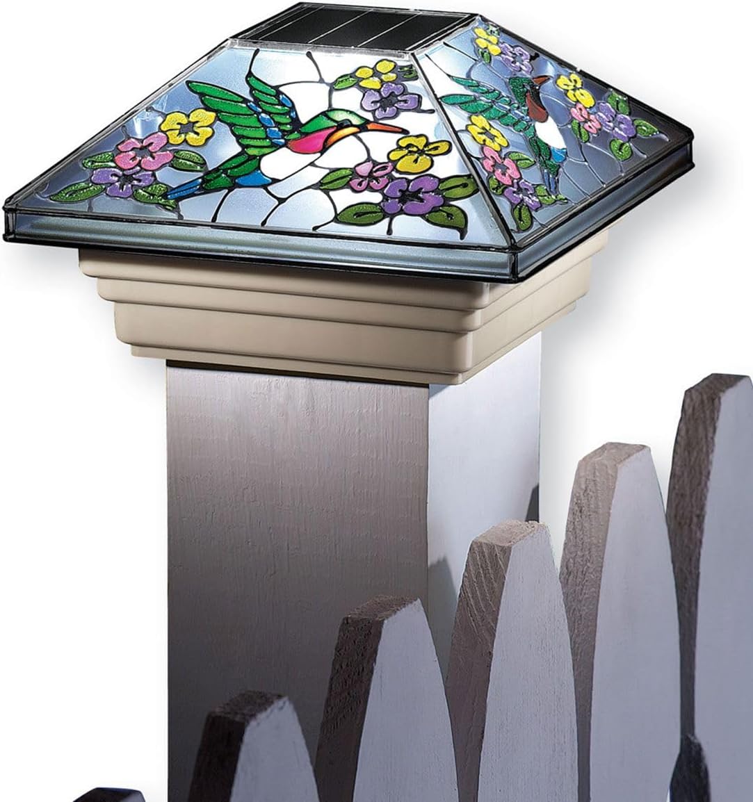 Gajula.Enterprises Solar Light Post Cap with Hummingbird & Flower Design – 6½"Sq. x 3¾"H, Solar-Powered Outdoor Accent