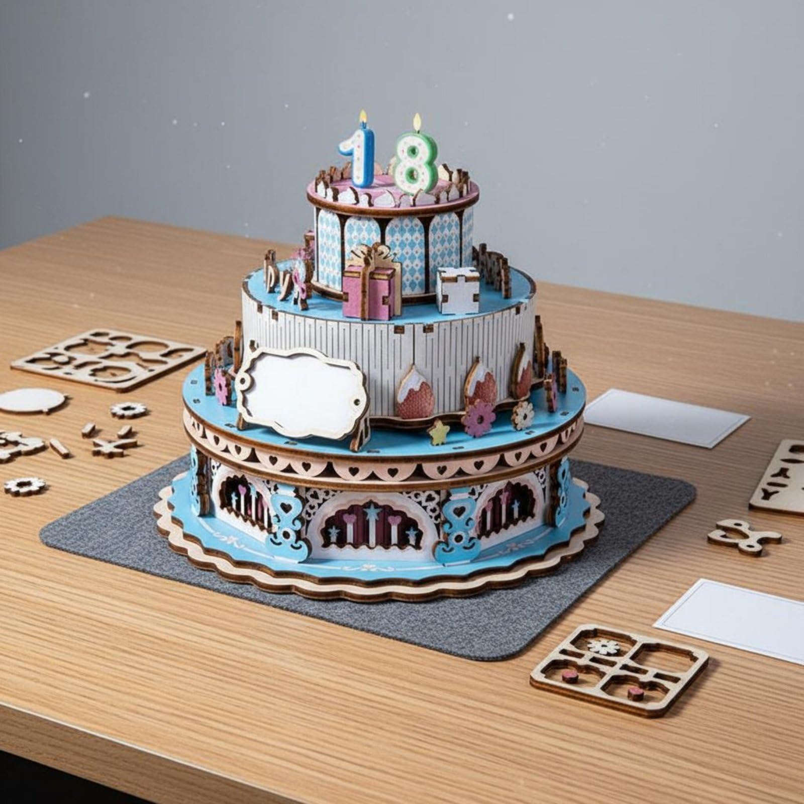 predolo Musikspieluhr Kinderpuzzle Holzkuchen 3D Bausatz Geburtstag Drehendes Puzzle Modell Kreatives Zusammenbau Spielzeug mit Sammelcharakter für Kindergeburtstag Kinderzimmer Geschenk, Pink