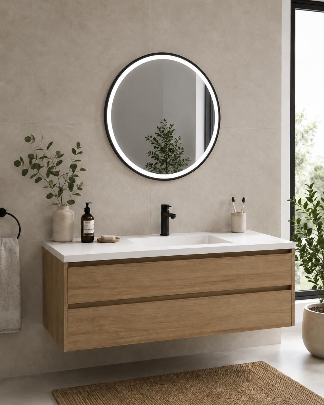 Talos Espejo de baño con iluminación de 60 cm, LED Blanco Neutro, Marco ABS Negro, protección contra Salpicaduras IP24