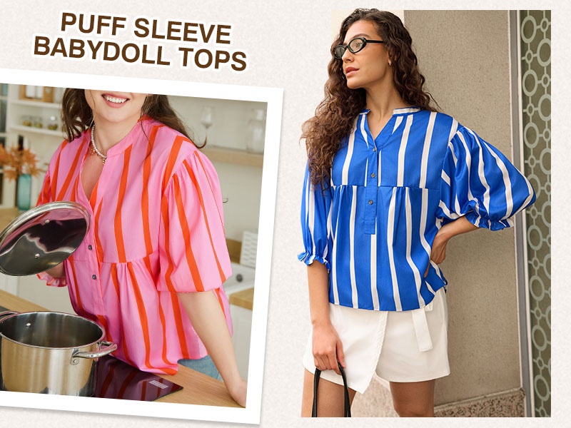 Tankaneo Womens Puff Sleeve Babydoll Tops Summer V Neck Striped
