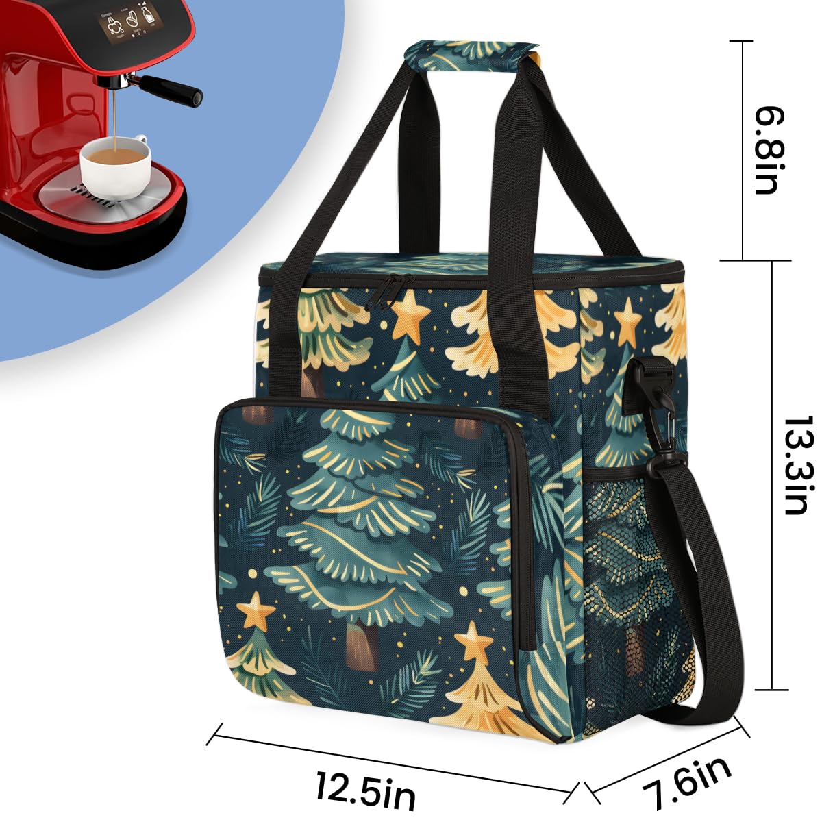 Christmas Festivals Coffee Maker Carrying Bag, Fantastic Tree Travel Storage Bag Compatible with K-Mini or K-Mini Plus, Single Serve Coffee Brewer Carrying Case with Multiple Pockets & Shoulder Strap