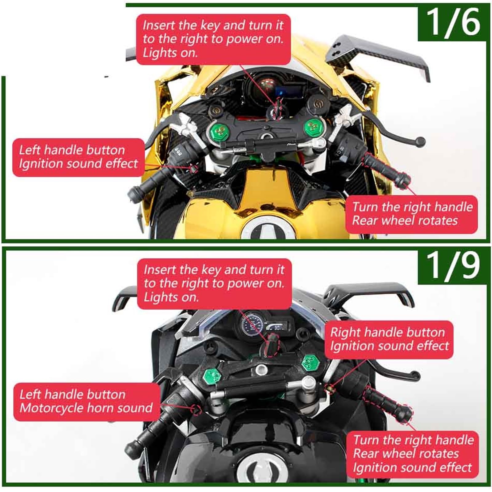 Moto en Alliage pour Kawasaki H2R, Modèle Dynamique, Clé De Démarrage, Course, Spray, Sport, Lumière Sonore, Jouet 1:6 1:9