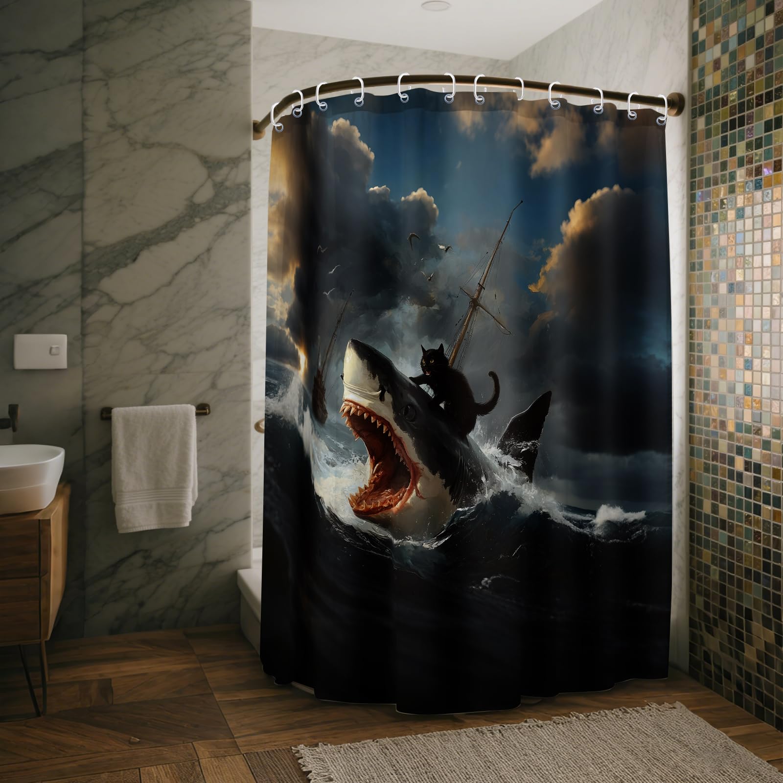 XMWYTJ Funny Black Cat Shower Curtains Abstract Quirky Cat and Shark Barn Door Decor Polyester Fabric Waterproof Bathroom Curtains Set with 12 Hooks,71 X 71 Inches