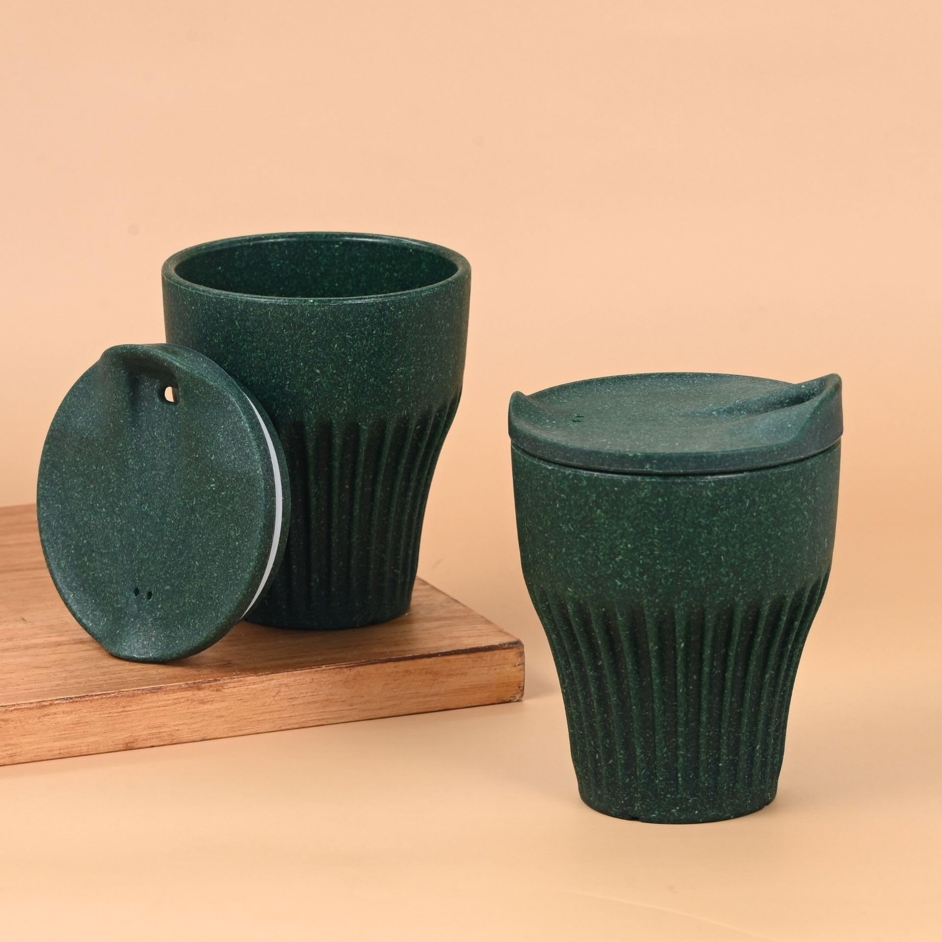 - Eha Earth Friendly Rafter Coffee Mug with Lid | Tea Cup Set | 300 ml | Made with Rice Husk | Microwave Safe Mugs for Gifting | 2 Unit | Fern