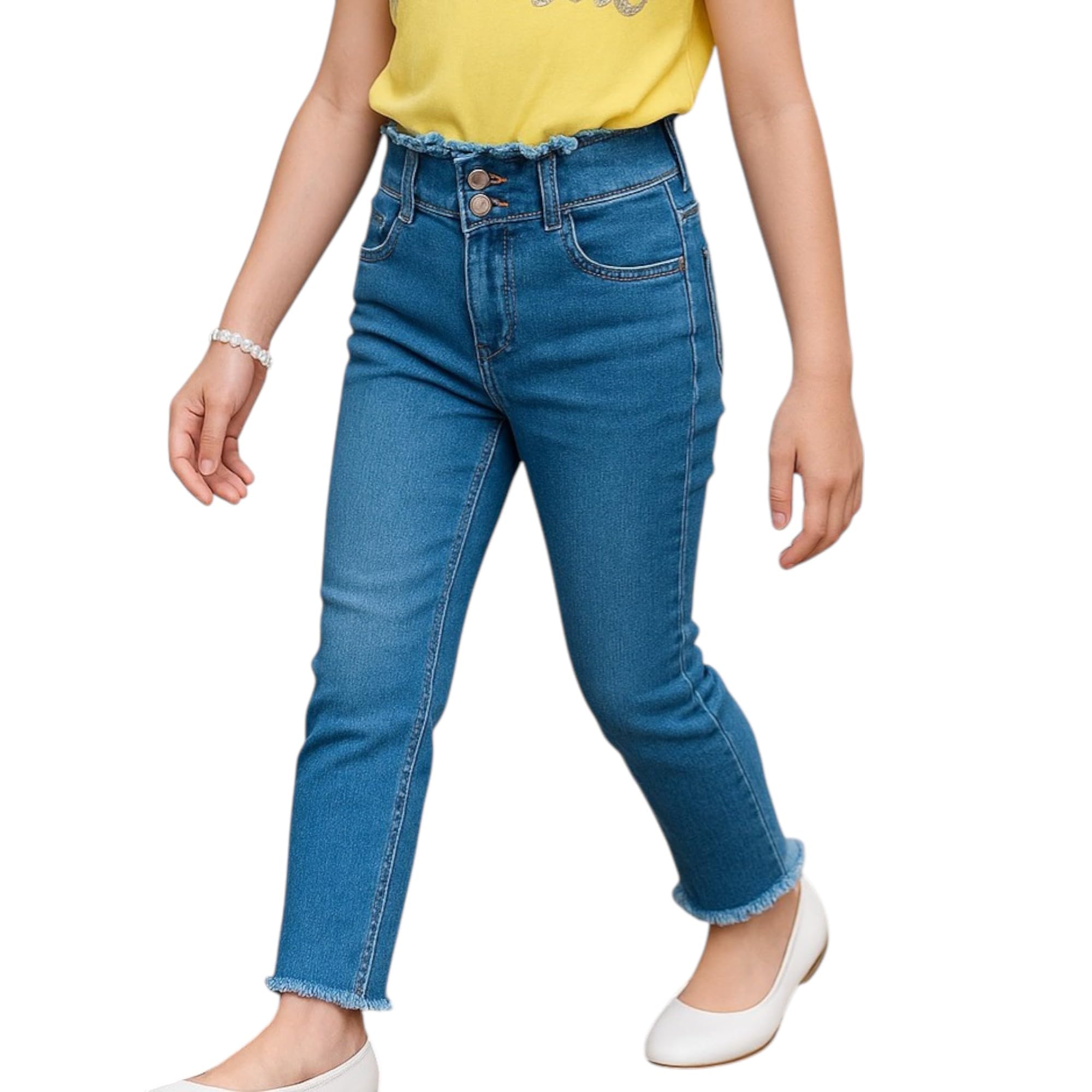 Girls Slim Fit High Waist Sky Blue Denim Jeans with Frayed Hem-picture-26