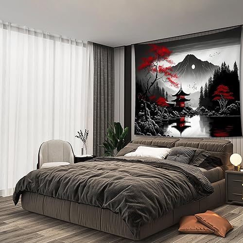 Miniatura 6 de Tapiz de bosque de montaña para dormitorio, paisaje de luna natural en blanco y negro, para colgar en la pared, atardecer de árbol, tapices grandes,