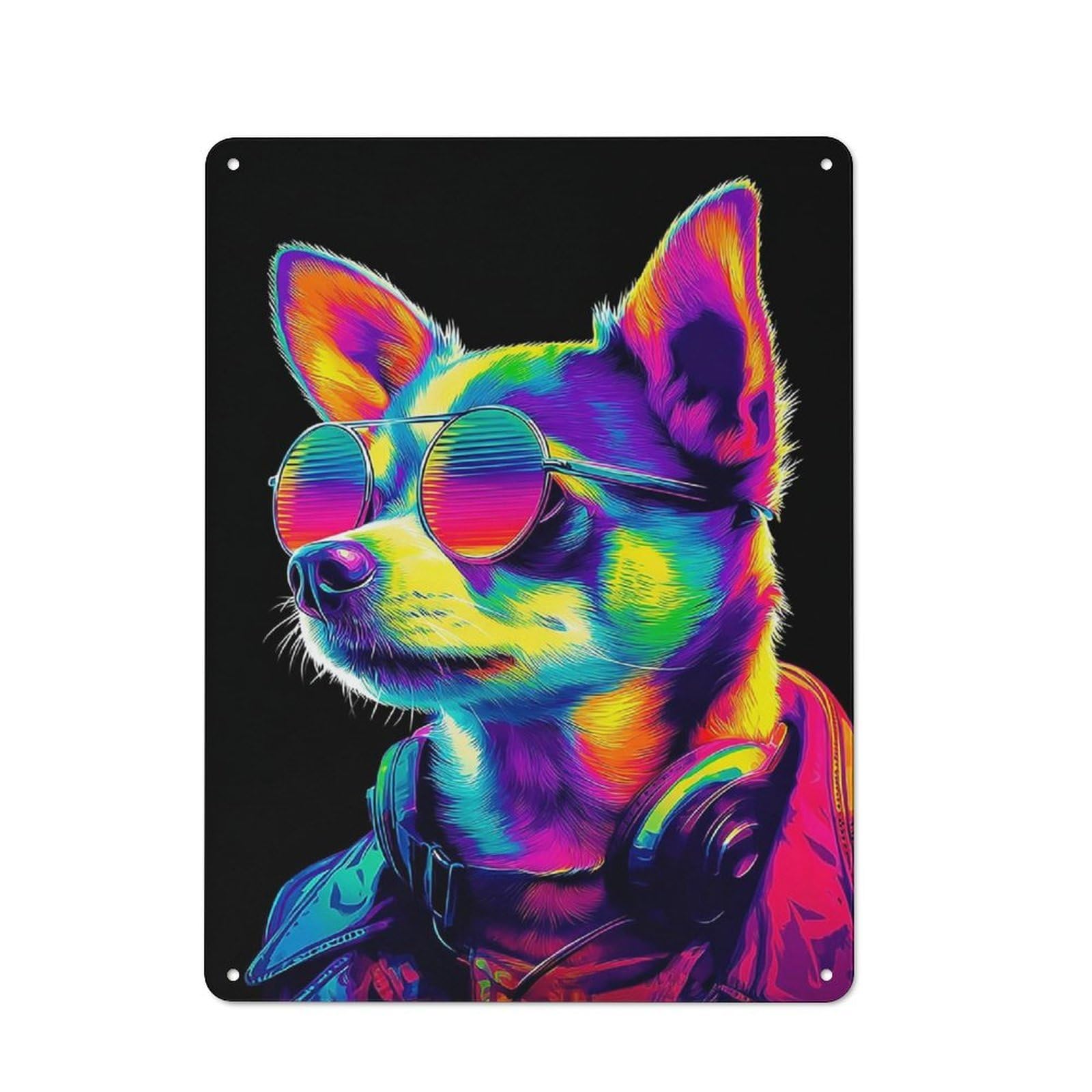 Junmoney Vibrant Neon Dog With Stylish Headphones Retro Metal Wall Decor 40X30cm, Tin Wall Sign For Bakery, Diner, Cafe Or Family Room