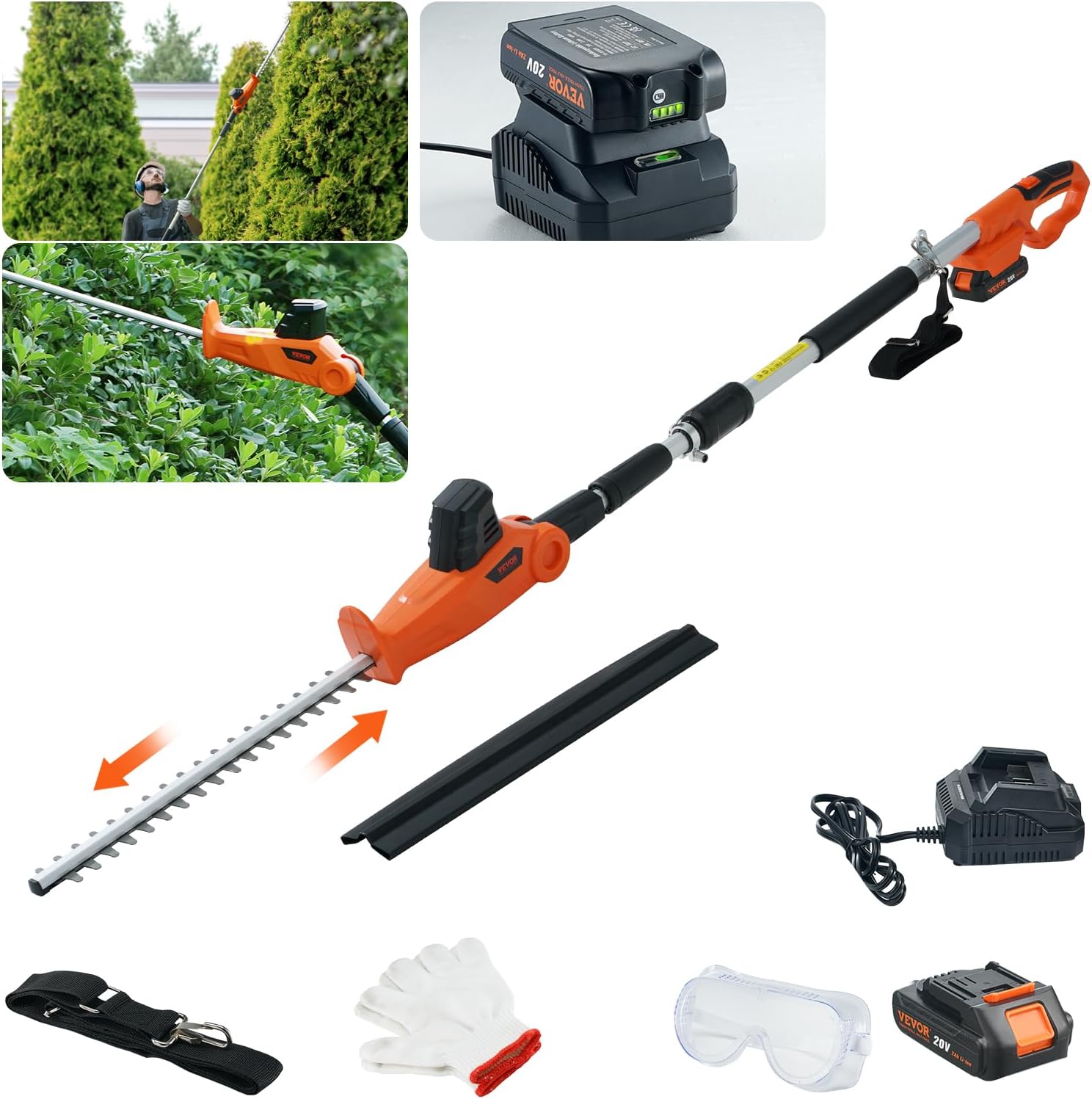 VEVOR Pole Cordless Hedge Trimmer, 20V Electric Bush Trimmer Kit with 18 inch Double-Edged Steel Blade, 74"-94" Telescoping Design for High Branches(2.0Ah Battery & Fast Charger Included)