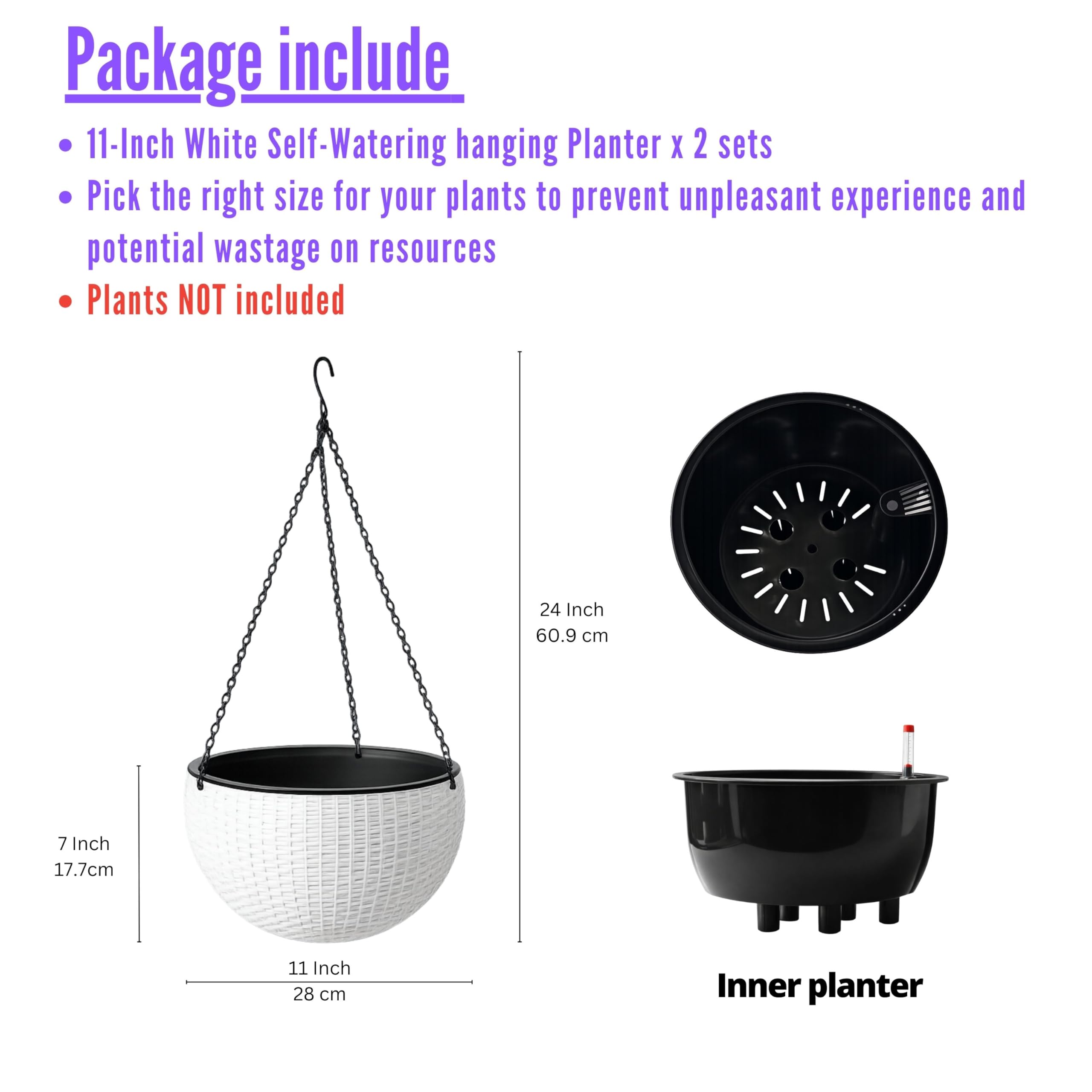 LáLáGreen Pot de Fleurs Suspendu Auto-Arrosant 28 cm avec Indicateur de Niveau d'eau, Jardinière Ronde Aspect Rotin avec Chaîne en Métal pour Balcon, Terrasse et Jardin (Blanche, 2)