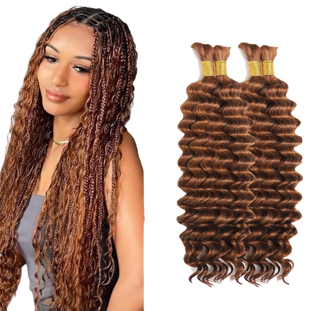 Tuheerst #30 Light Brown Color Boho Braids Human Hair Extension No Weft Knotless 50g/Bundle Total 200g Deep Wave Human Braiding Hair For Women 26 26 26 26 Inch