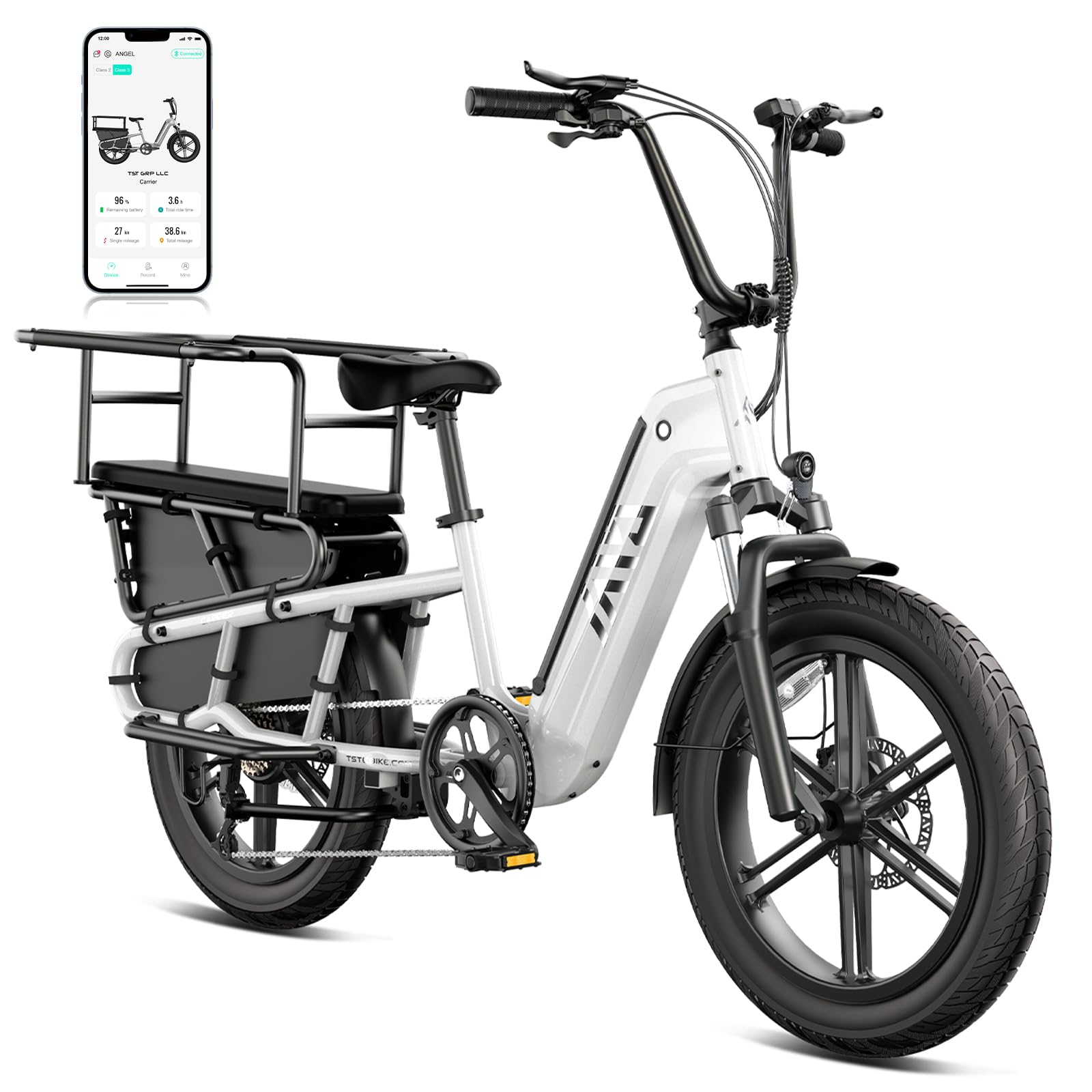 TST White Electric Bike for Adults 1500W Peak Motor Cargo E-Bike 60Miles 28MPH 20" Fat Tire Ebikes 48V 15Ah Removable Battery Electric Bicycle Rear Rack with Basket for Commuting and Carrying Goods