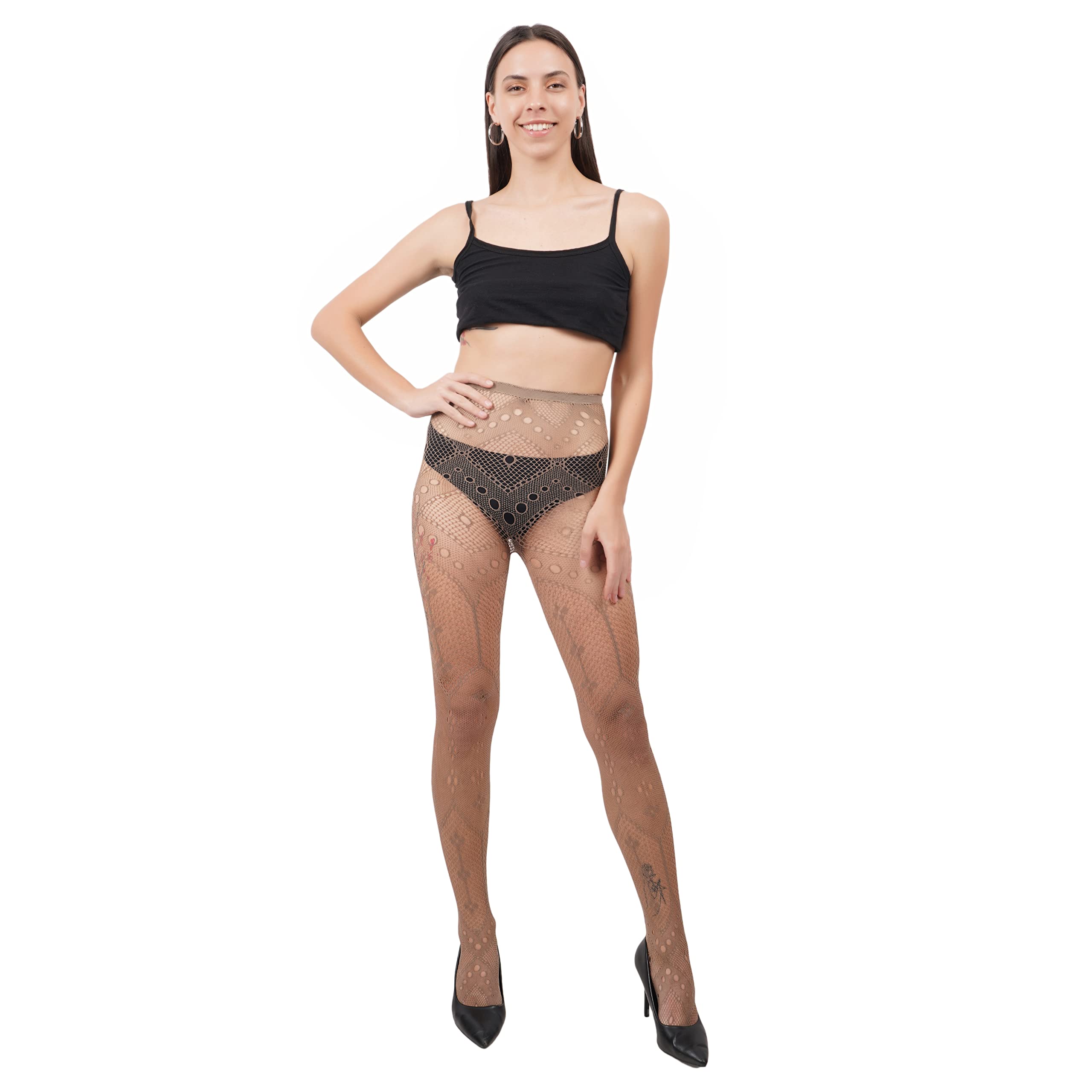 Women's Stockings Fishnet Net Pattern Pantyhose, Free Size, Beige_F (Pack of 1)-image-38