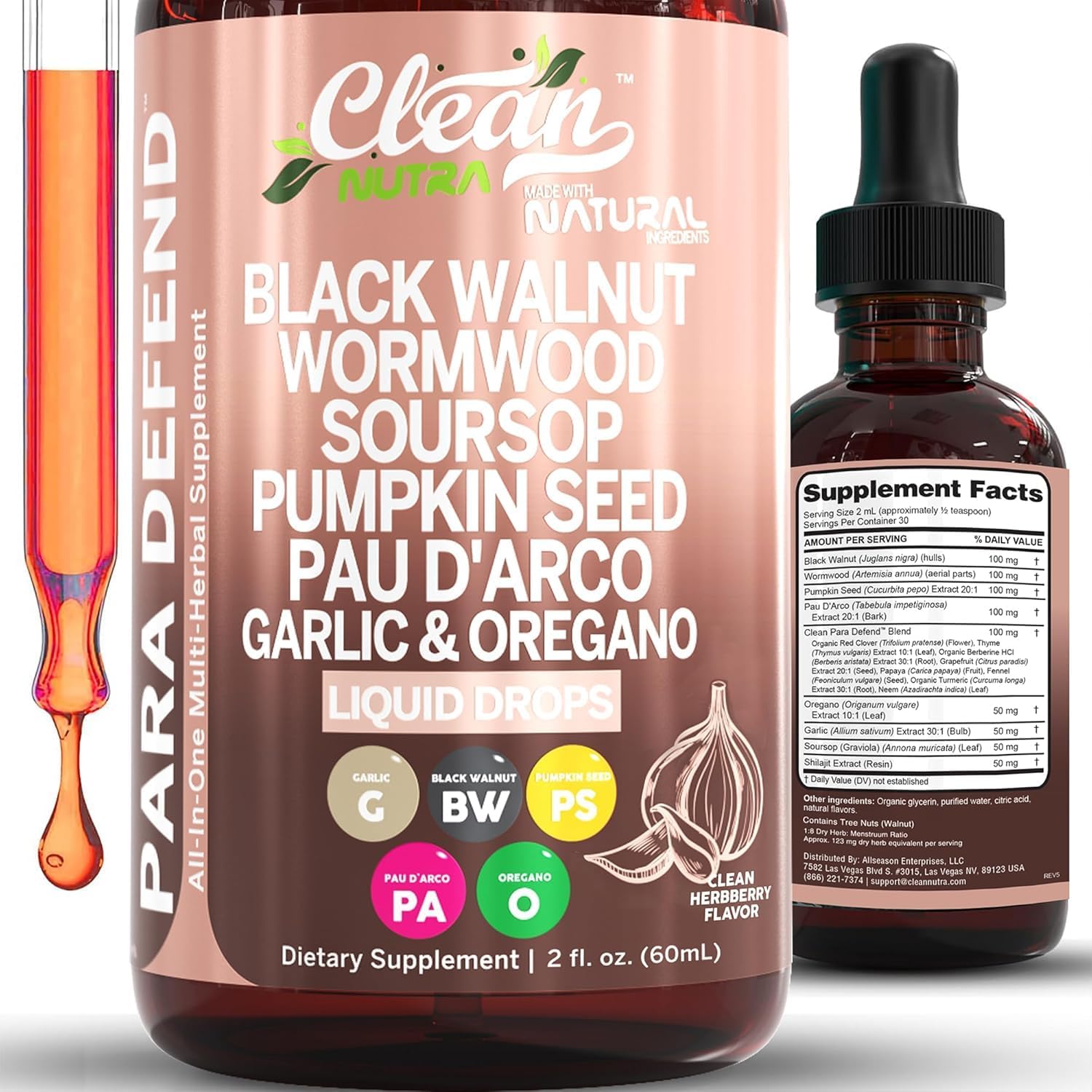 Clean Nutra Para Defend Wormwood Black Walnut Cleanse Drops - Gut Health Immune Support with Soursop Garlic Turmeric Berberine