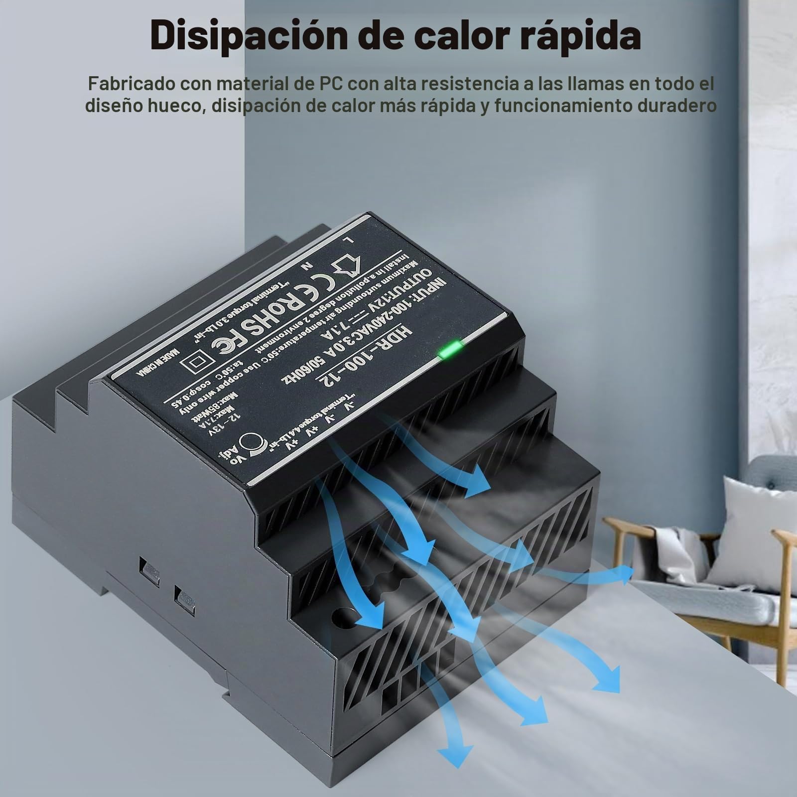 DEWIN Fuente de Alimentación DIN DC 12V 7.1A 100W Transformador 220v a 12v para montaje en carril DIN, Entrada de CA 100V-240V, Salida de CC 12V, HDR-100-12