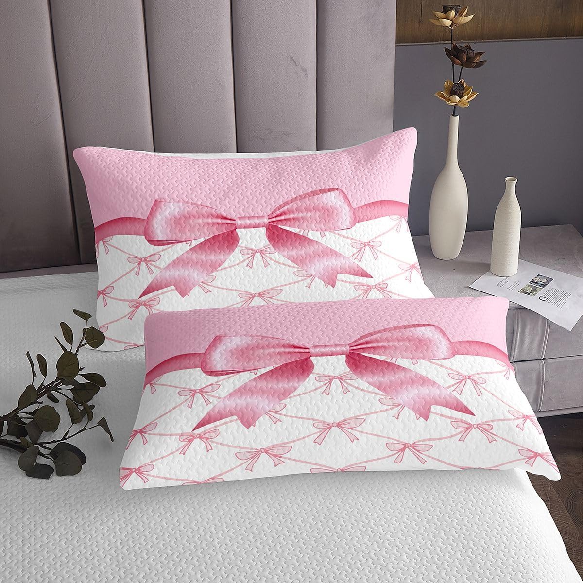 Feelyou Pink Bow Bedspread King Size Cute Ribbon Bow Coverlet Set White Pink Quilted Coverlet for All Season with 2 Pillowcases Princess Style Bed Cover