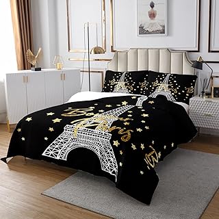 Erosebridal Eiffel Tower Bedspread King Size Golden Stars Bedding Set for Boys Girls Teens,Romantic France Coverlet Set Gold Starry Sky Quilt Set City Building of Paris Bedroom Decor Black