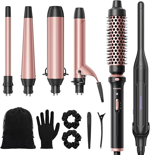 Wavytalk Rizador 5 en 1, juego de varita rizadora con cepillo térmico y 4 varitas de cerámica intercambiables (0.5 a 1.5 pulgadas) y plancha plana