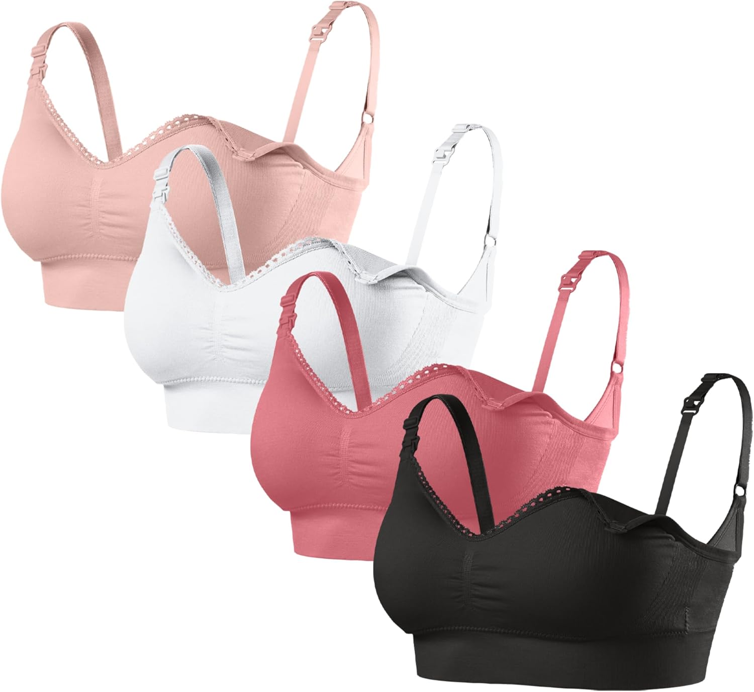 Under Control Nursing Bras for Breastfeeding 4 Packs (US, Alpha, Small, Regular, Regular, Black/Burg Mist/White/Pale Pink)