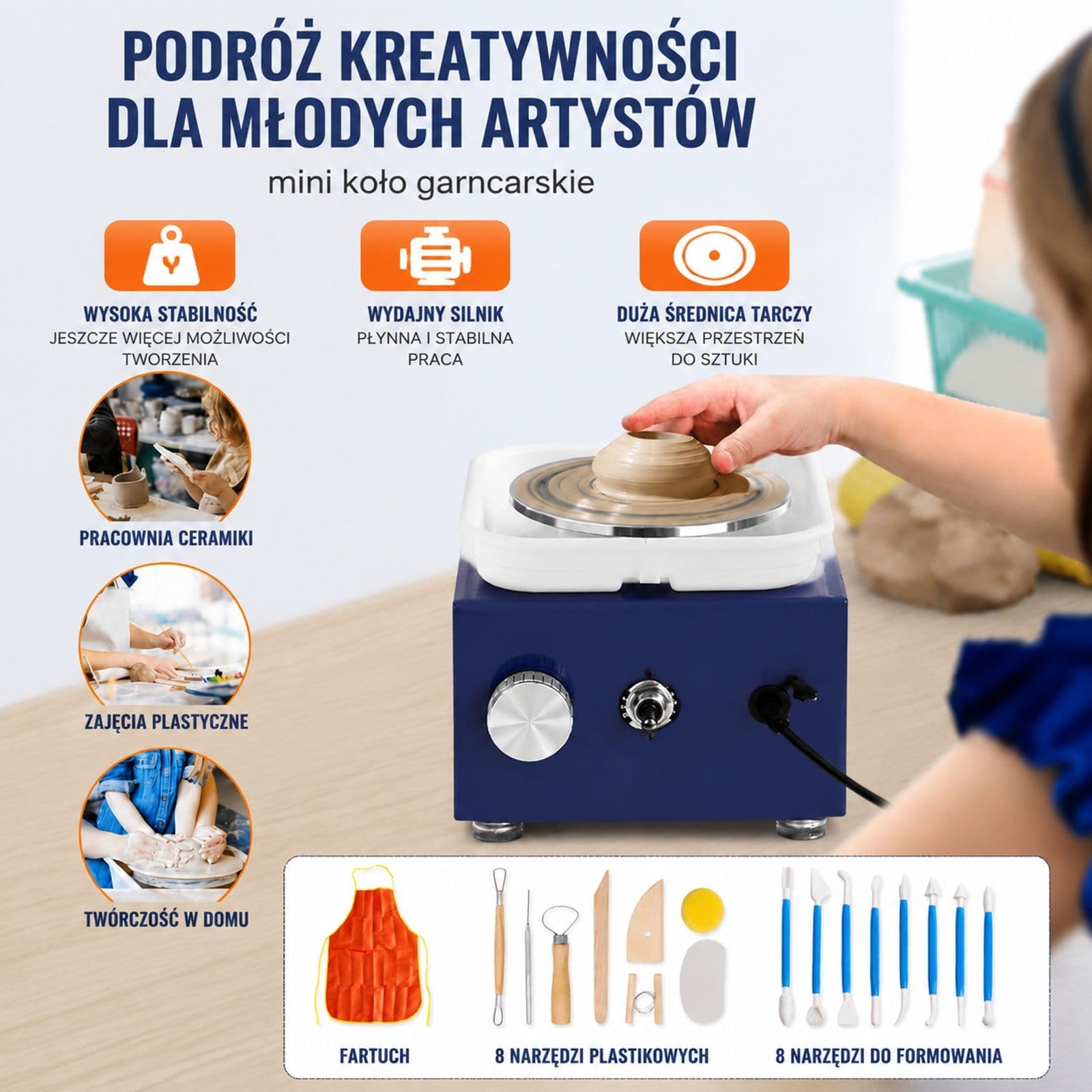 Niebieskie elektryczne koło garncarskie, 30 W 220 V, 0-300 obr/min, obciążenie gliny 1 kg, z fartuchem i zdejmowaną misą do ceramiki