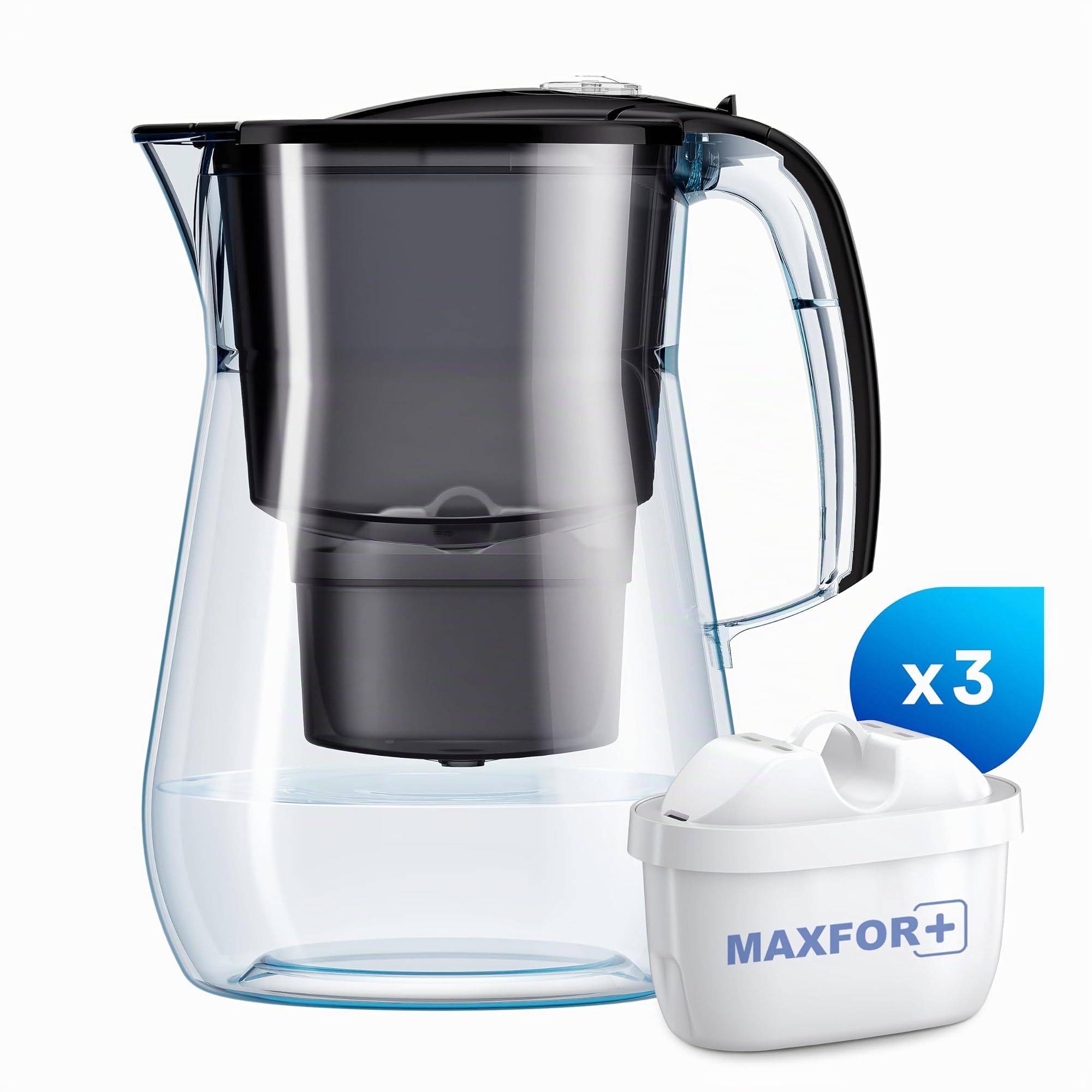 AQUAPHOR Carafe filtrante à eau Onyx de 4,2 L, pour réduire le calcaire, le chlore et autres impuretés, comprend 3 cartouches filtrantes Maxfor+ - Noir
