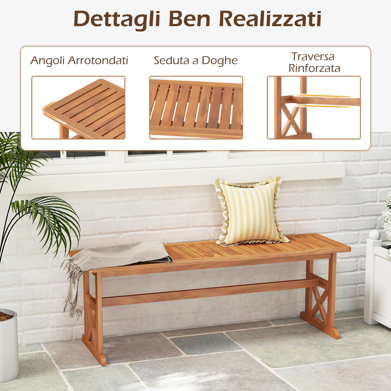 COSTWAY Panchina da Esterno in Legno di Acacia, Portata 360 kg, Panchina per 2-3 Persone senza Schienale con Sedile a Doghe, Panca Esterno per Veranda, Giardino, Balcone e Cortile (1)