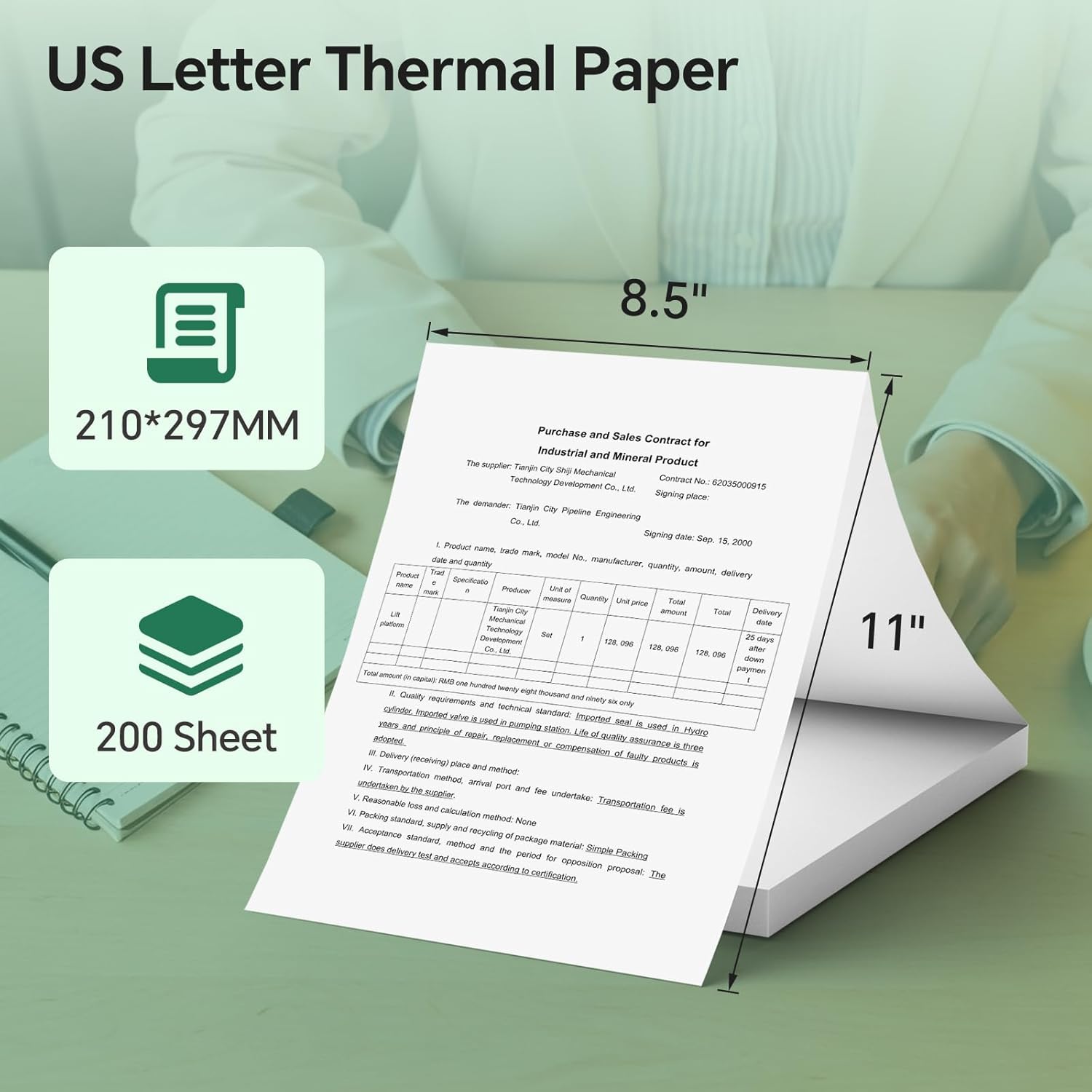 US Letter Thermal Paper with dimensions 210x297mm and 8.5x11 inches, indicating 200 sheets