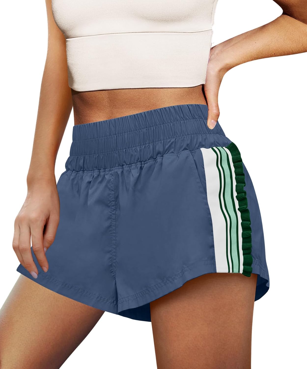 LAMISSCHE Womens Running Shorts Athletic High Waisted Biker Shorts Summer Workout Quick Dry Striped Ruffle Short
