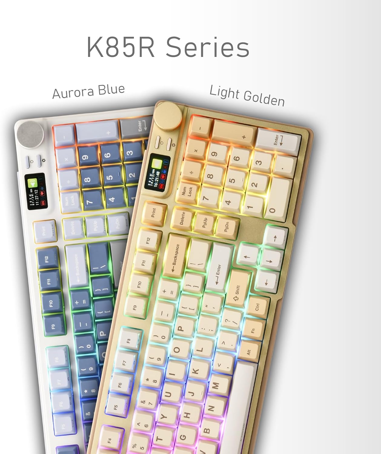 iRocks K85R Wireless RGB Backlit Mechanical Gaming Keyboard with LCD Display, Hot-Swappable Pre-lubed Brown Switches, 98 PBT Keys, USB-C Detachable Cable (Light Golden, Bubble Switch)