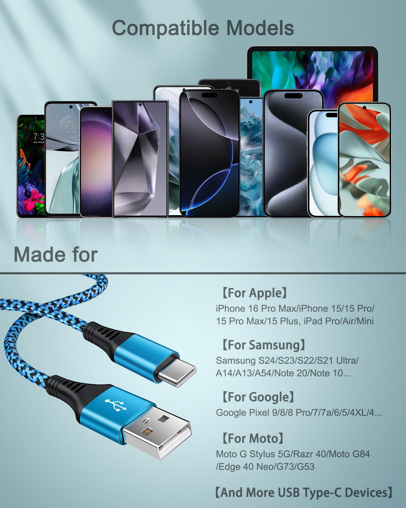 Cavo USB A a USB C 10FT ricarica rapida nylon intrecciato extra lungo cavo di ricarica di tipo C per Samsung A16 A15 5G A54 A55 A14 A32 A35 A25 Z Fold 6 S24 Ultra S23 S22, Pixel 9 8 Pro 7a 6-Android